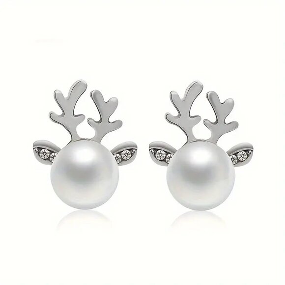Elegant Holiday Christmas Antler Stud Earrings with Pearl Style Beads and Crysta - Picture 1 of 3